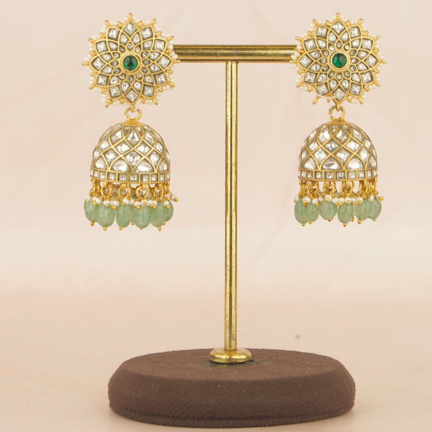 Gold inspired Floral Studded Jadau Kundan Jhumki with Beads