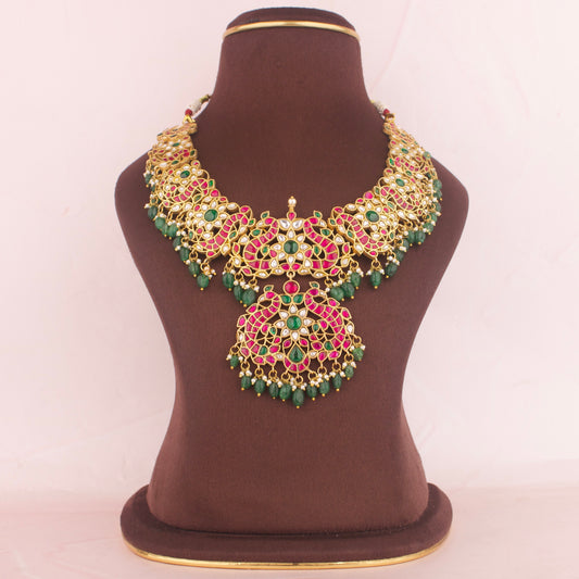 Opulent Floral And Peacock Design Jadau Kundan Necklace - DULHAN JEWELS