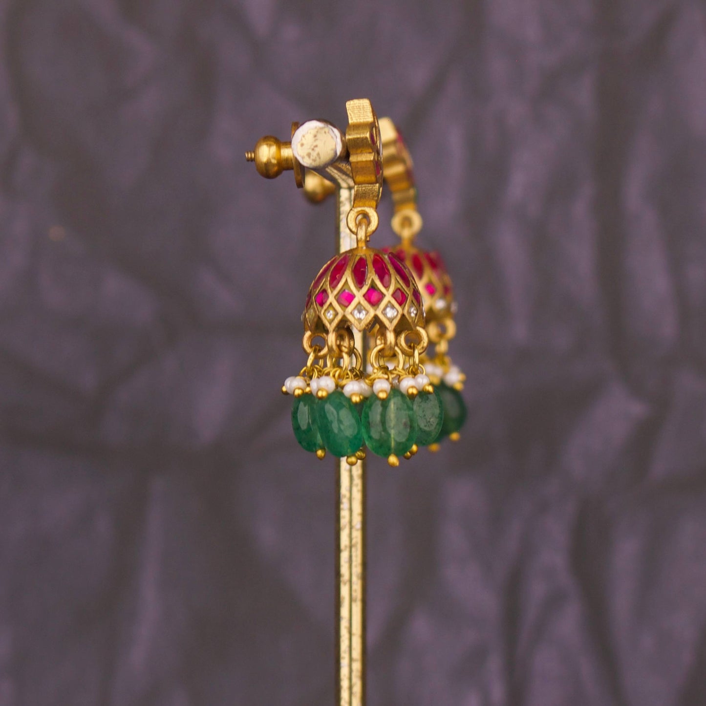 Lotus Studded Jadau Kundan Jhumki Earrings With Green Beads As Hangings