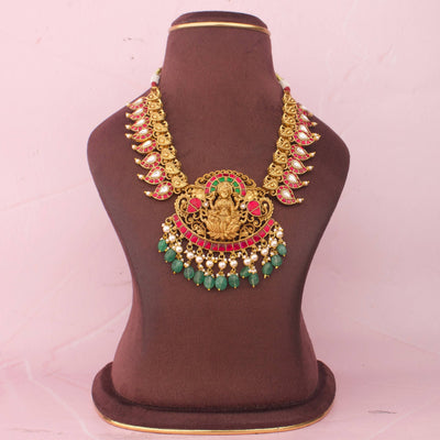 South Indian Lakshmi Devi Jadau Necklace With Green Hangings