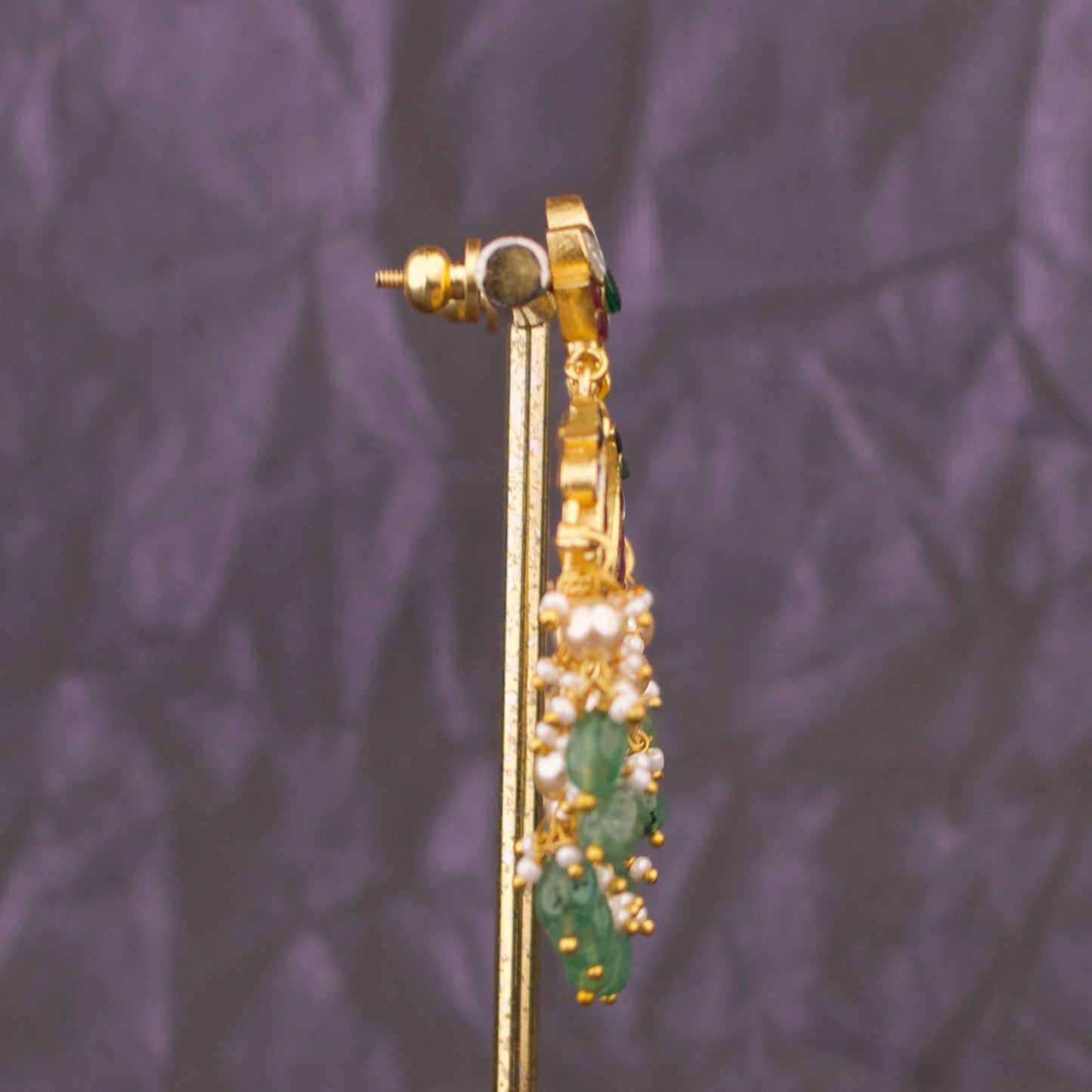 Elegant Jadau Kundan Chandbali Earrings With Pearl Hangings And Green Drops
