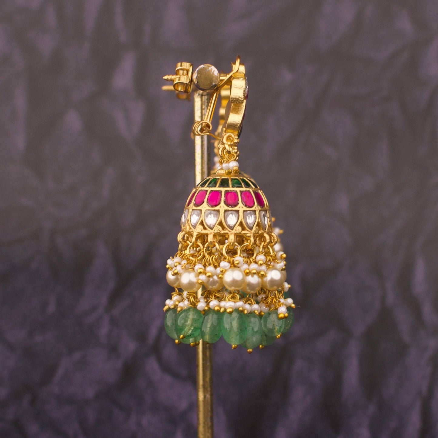Peacock Motif Jadau Kundan Jhumka Earrings With Guttapusalu Hangings