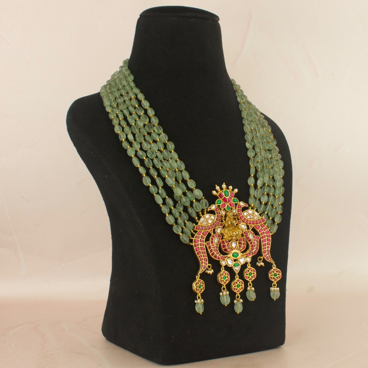 Peacock Lakshmi Devi Design Jadau Kundan Beads Necklace with beads
