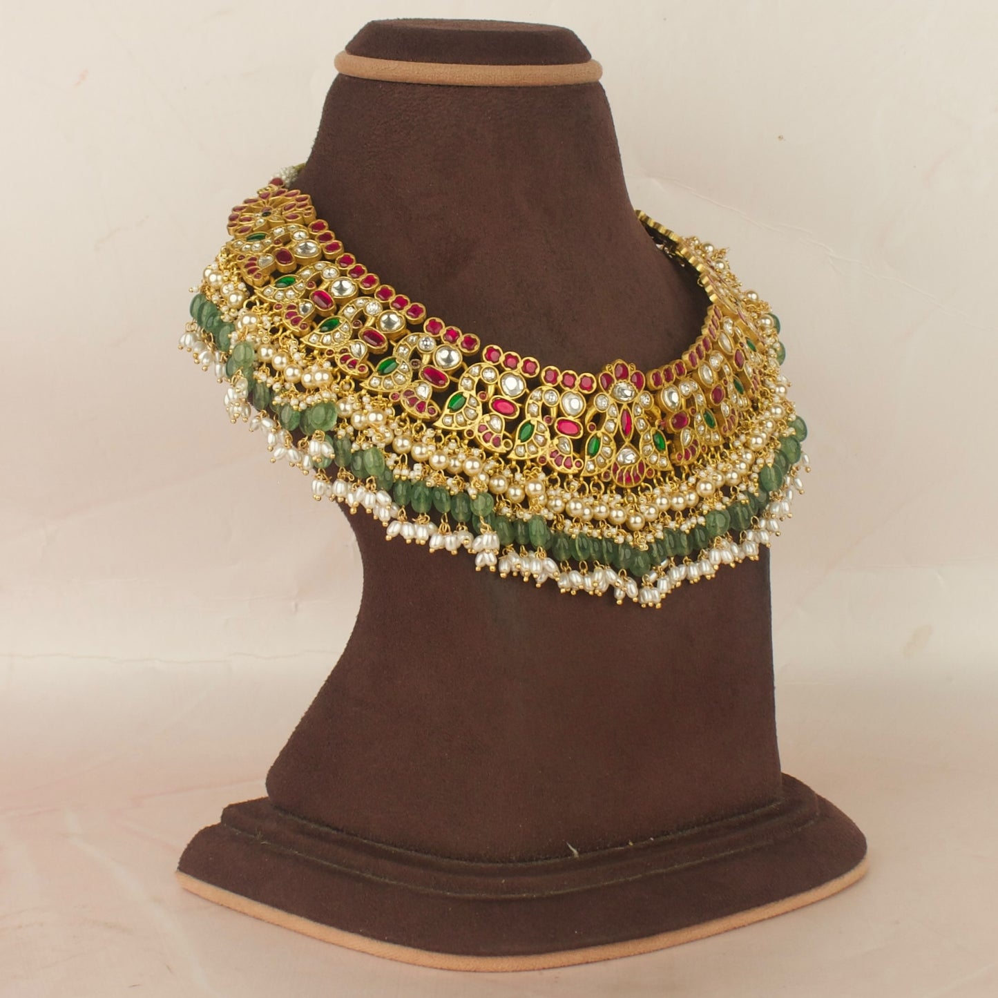 Bridal Peacock Design Jadau Kundan Necklace with Green Beads