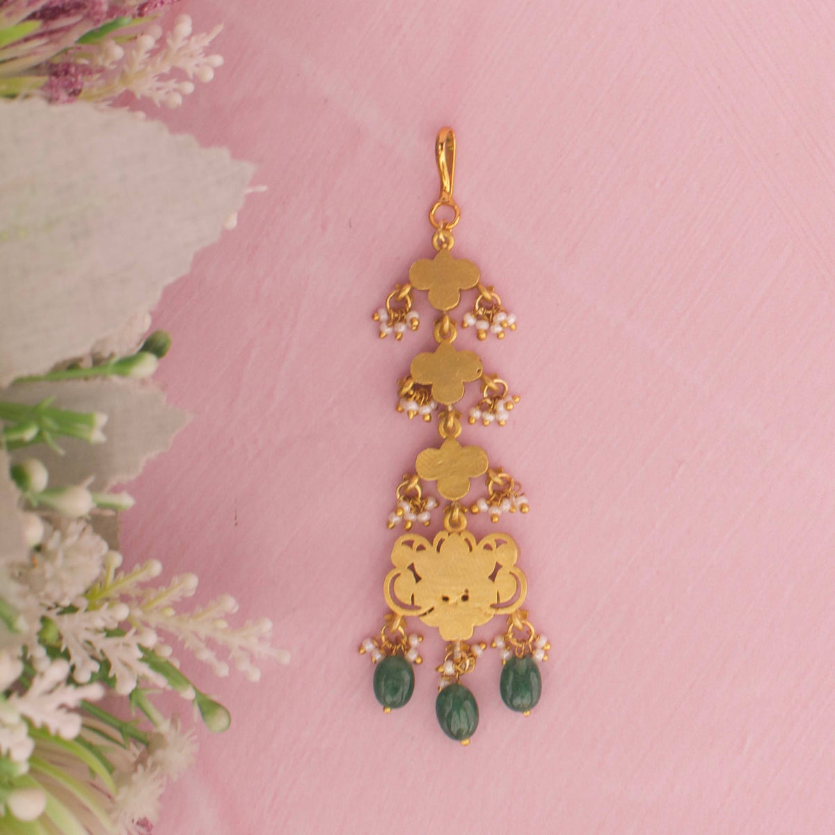 Mini Jadau Kundan Maang Tikka With Emerald Beads
