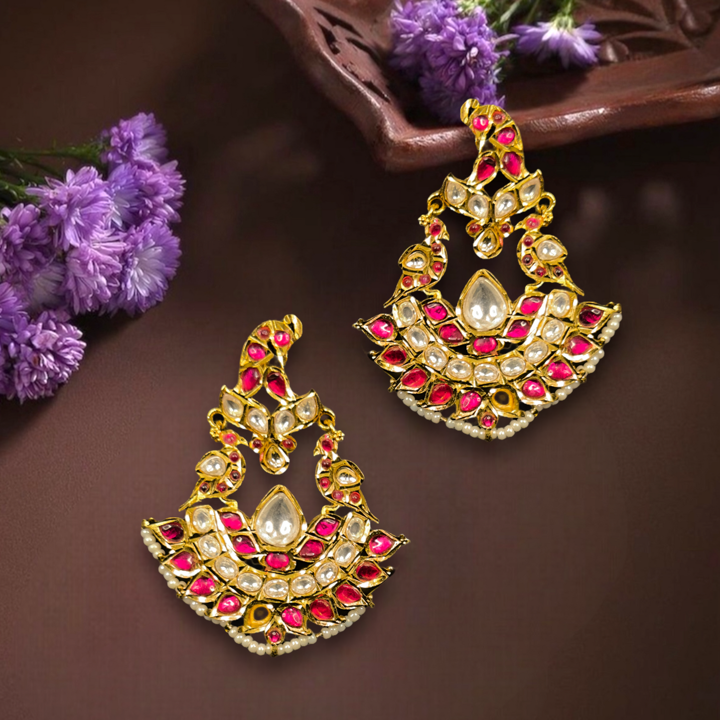 Regal Lotus Jadau Kundan Chandbali Earrings - DULHAN JEWELS