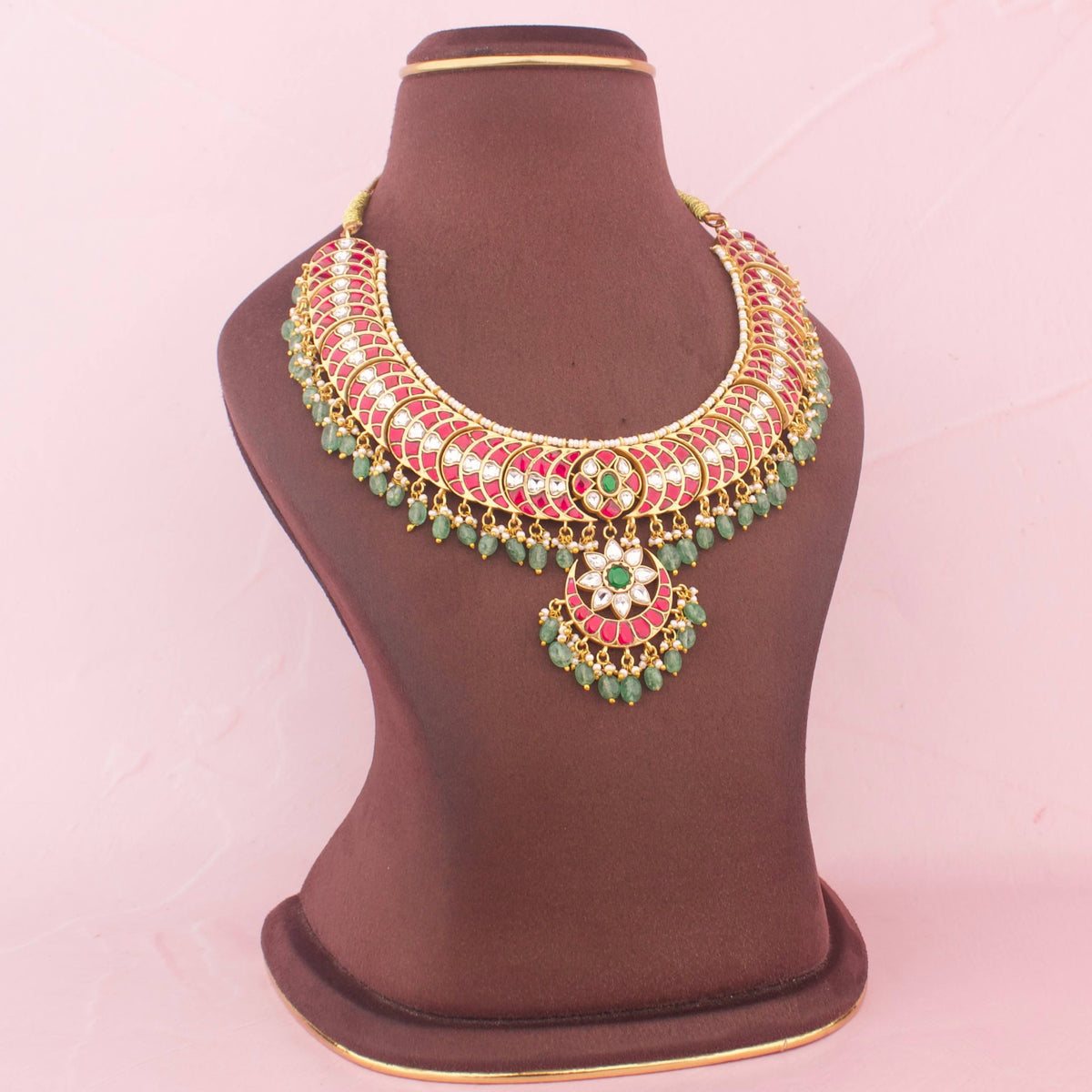 Classy Jadau Kundan Chand Design Necklace With Green Drops