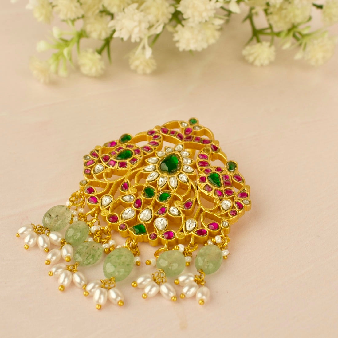 Gold Inspired Jadau Kundan Pendant With Bead & Pearl Hanging