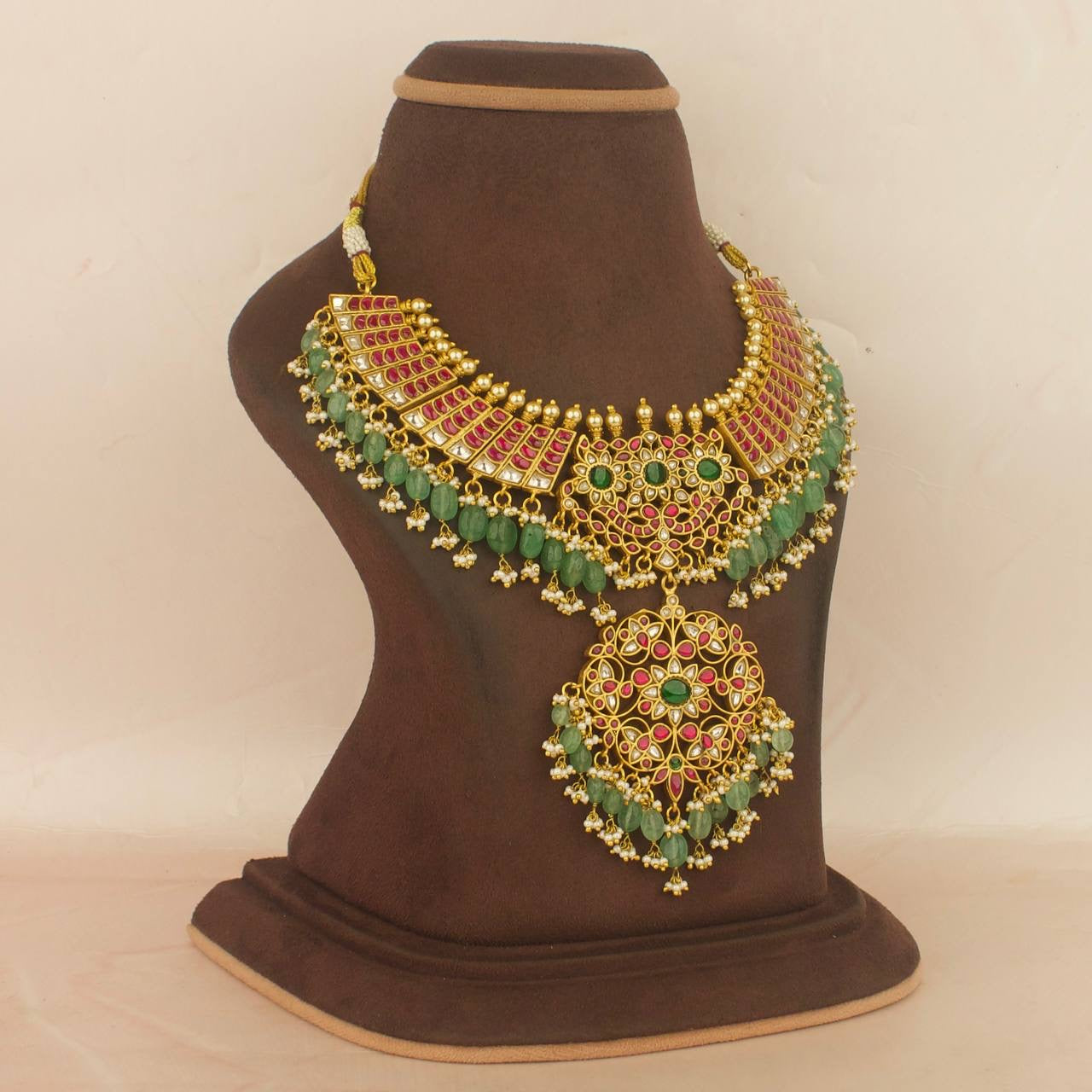 Gold inspired Jadau Kundan Necklace With Bead Hangings