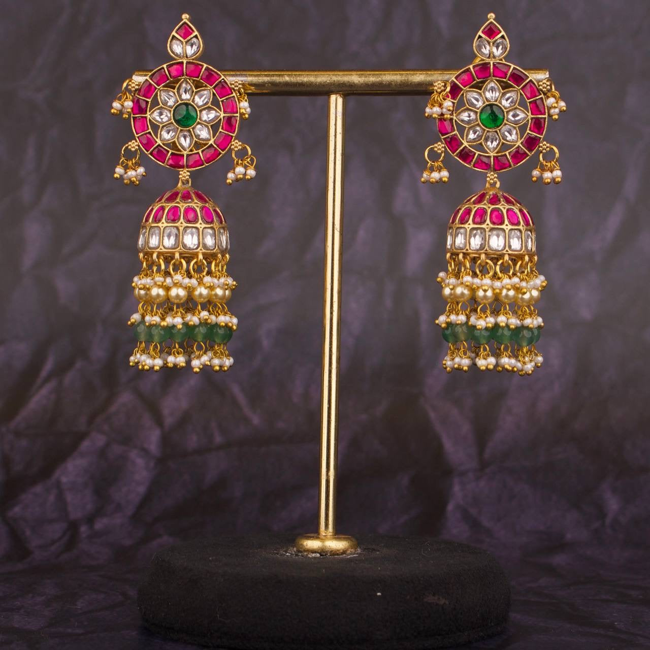 Gold Inspired Jadau Kundan Floral Studded Jhumki Earrings With Guttapusalu Hangings as