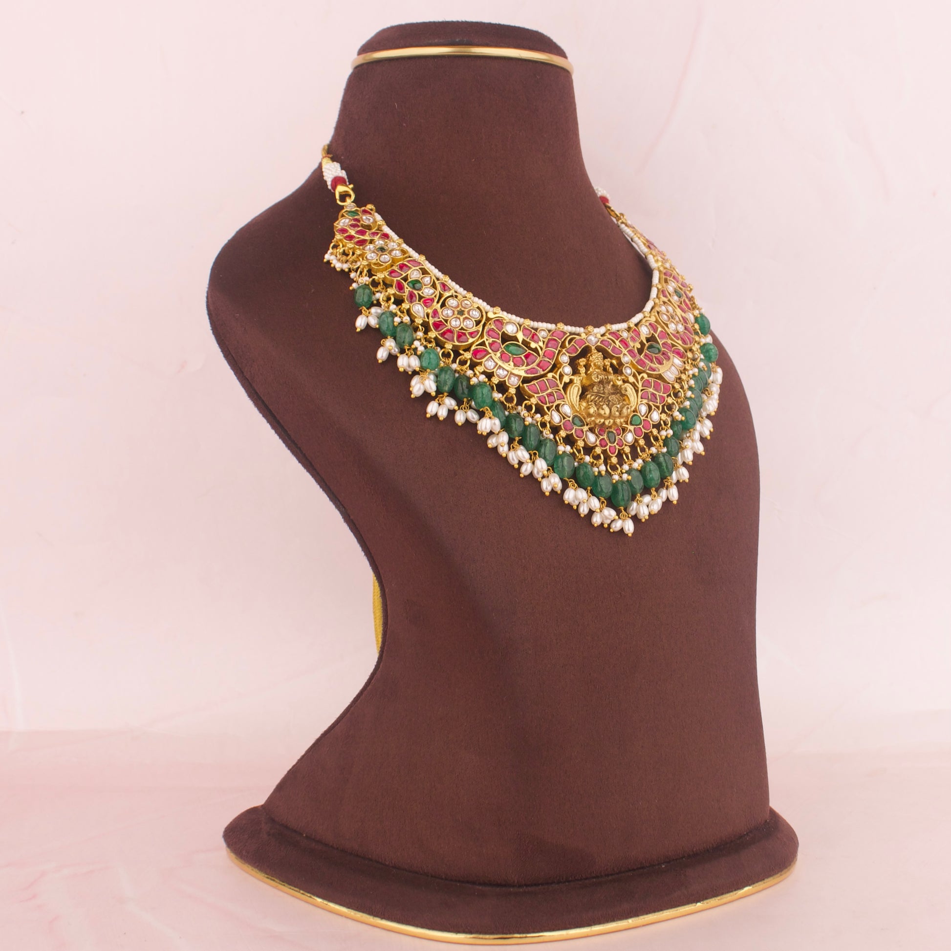 Bridal Divine Lakshmi Devi Jadau Kundan Short Necklace with Guttapusalu Hangings - DULHAN JEWELS