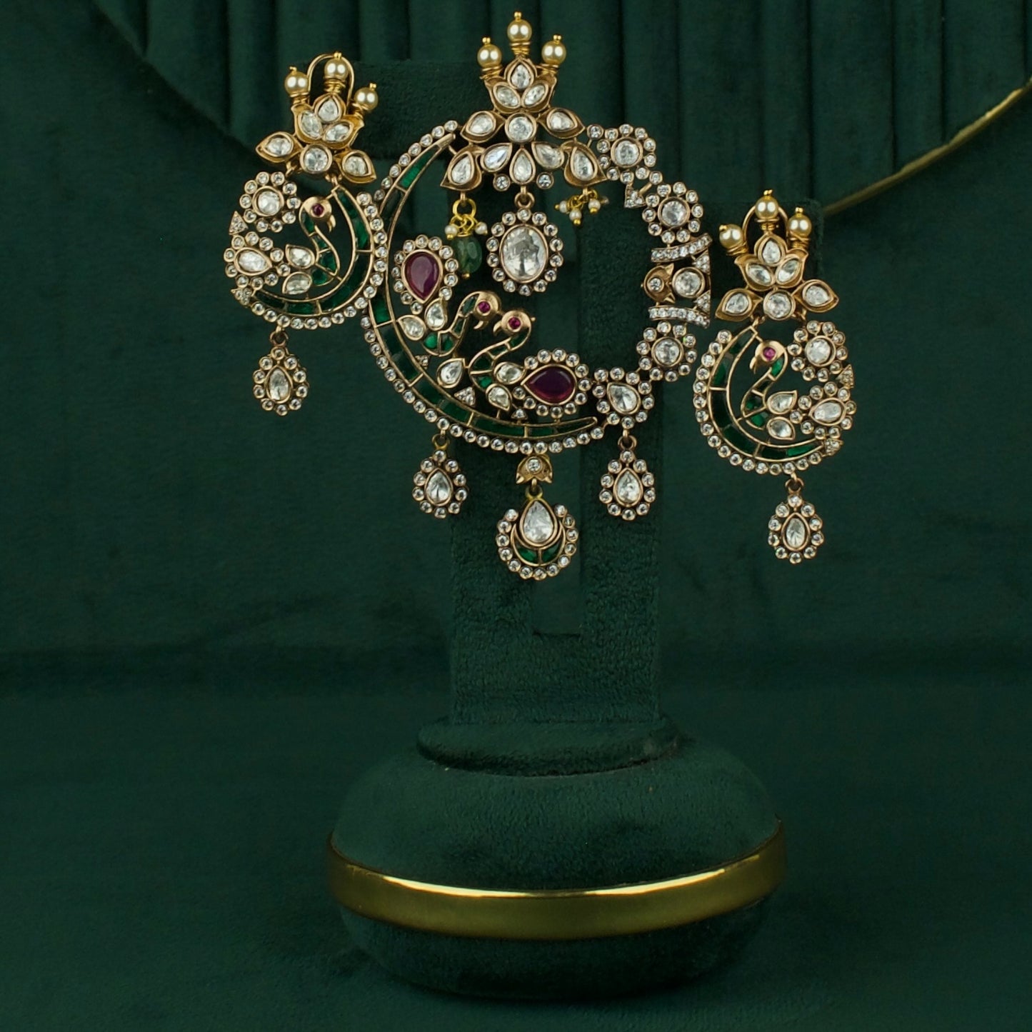 Bridal Peacock Design Fusion Kundan & Polki Victorian Pendant Set