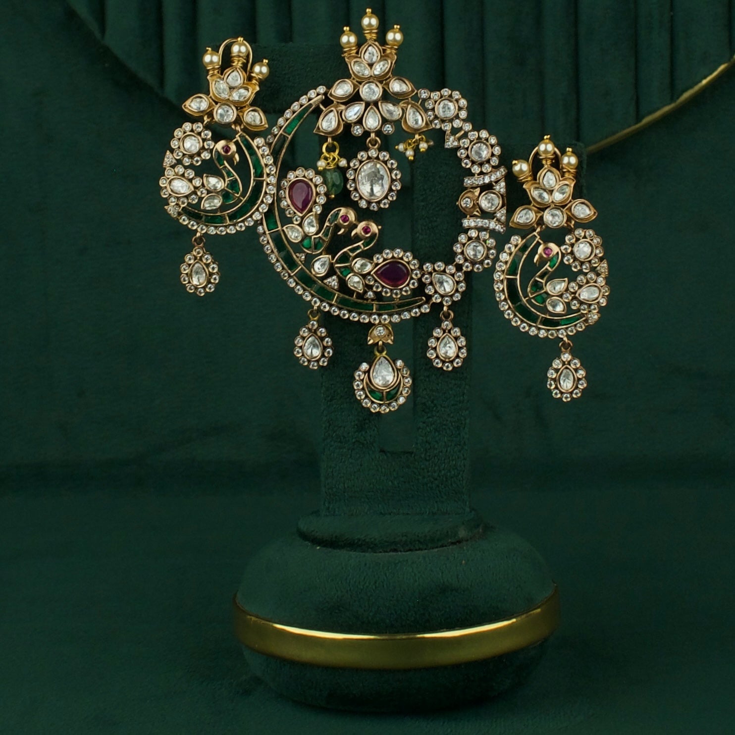 Bridal Peacock Design Fusion Kundan & Polki Victorian Pendant Set