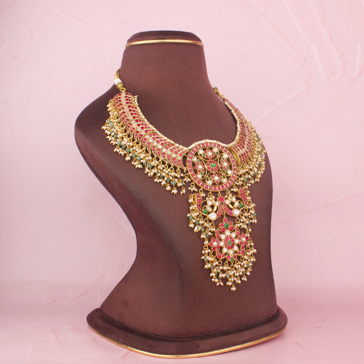 Grand Bridal Jadau Kundan Necklace With Floral Pendant