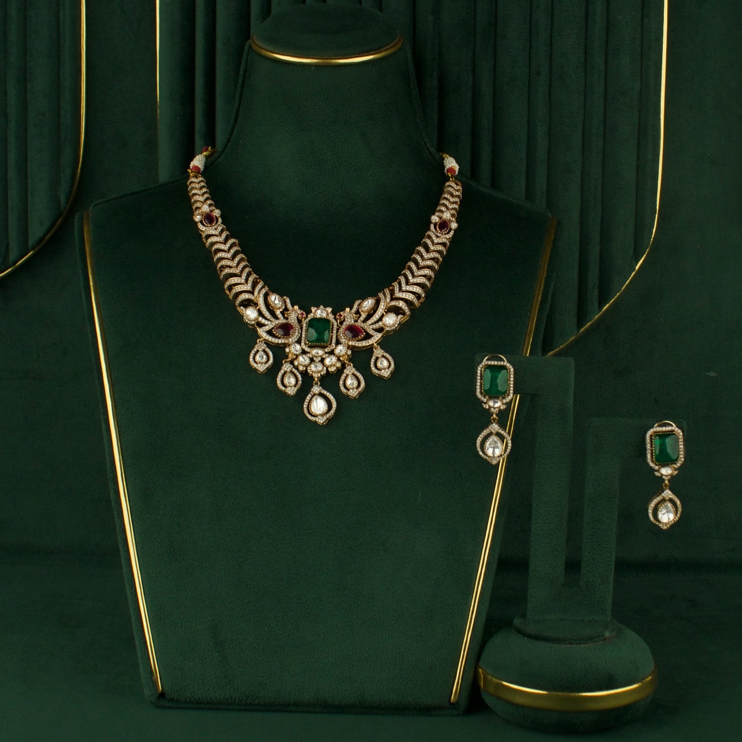 Deluxe Peacock Design Fusion Kundan & Polki Victorian Necklace Set