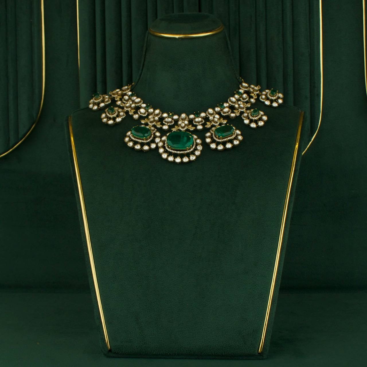 Bridal Victorian Emerald Polki Necklace Set With Matching Earrings