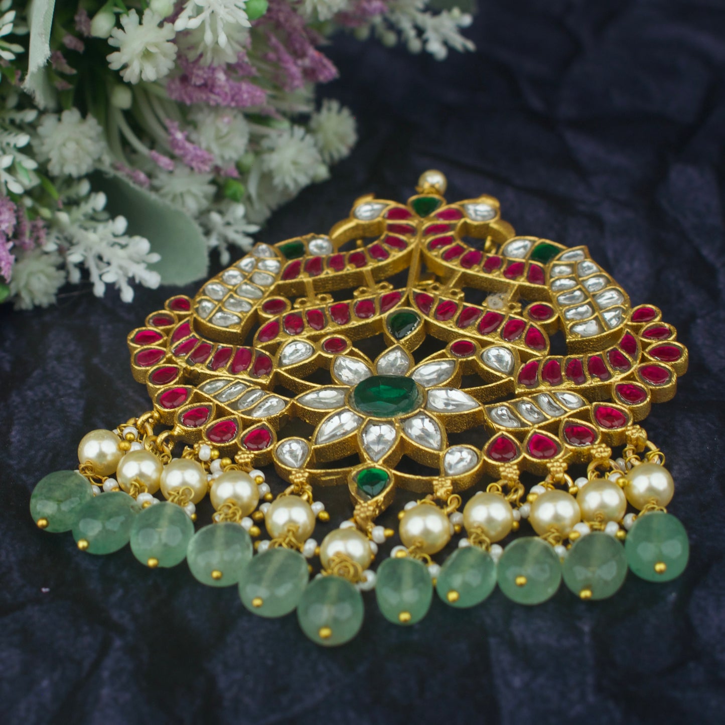 Jadau Kundan Locket With Floral Peacock Design With Swarovski Pearl Hanging