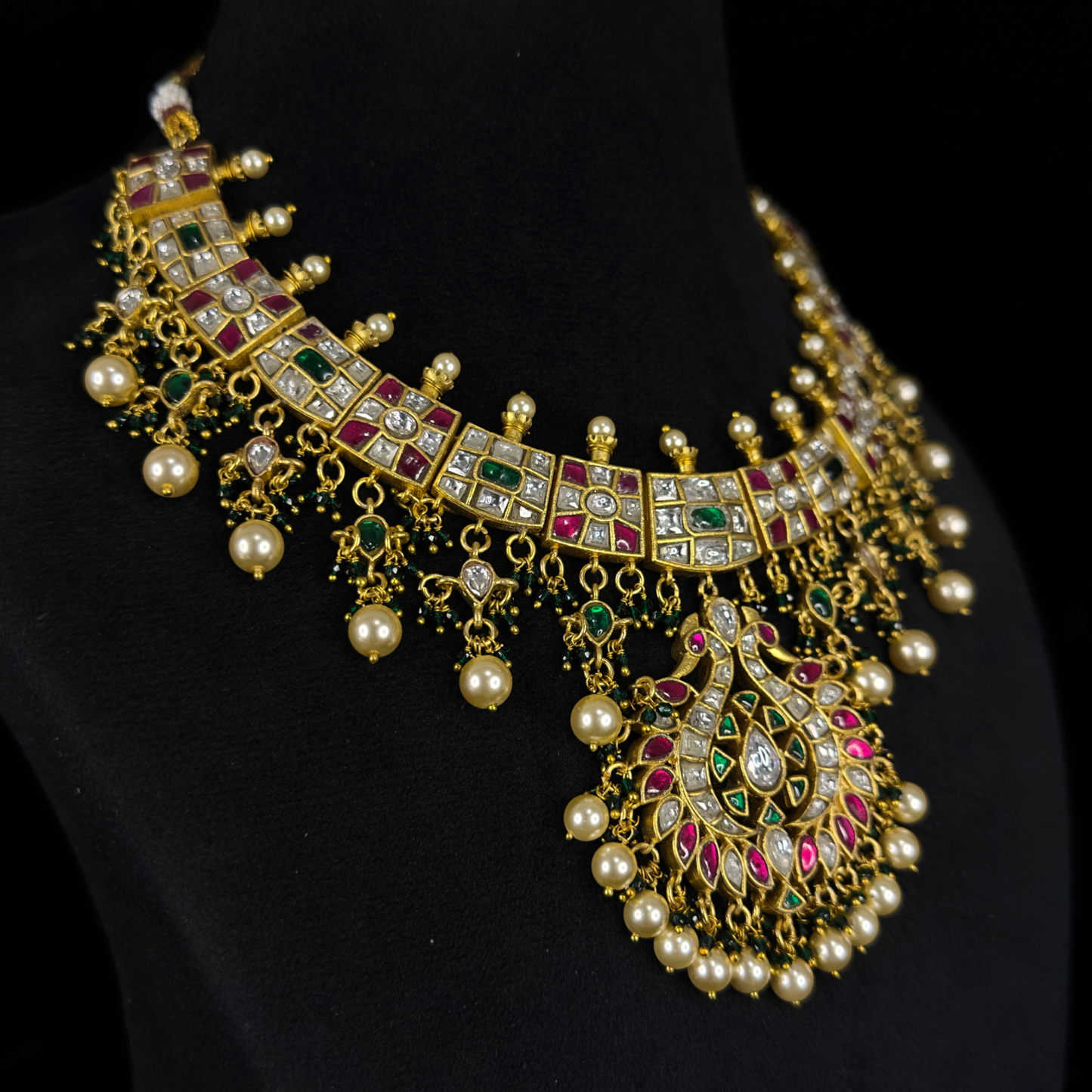 Opulent Jadau Kundan Necklace with Pearl and Green Accents - DULHAN JEWELS