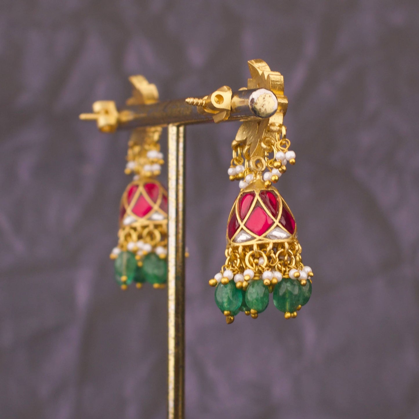 Elegant Floral Jadau Kundan Earrings With Green Drops