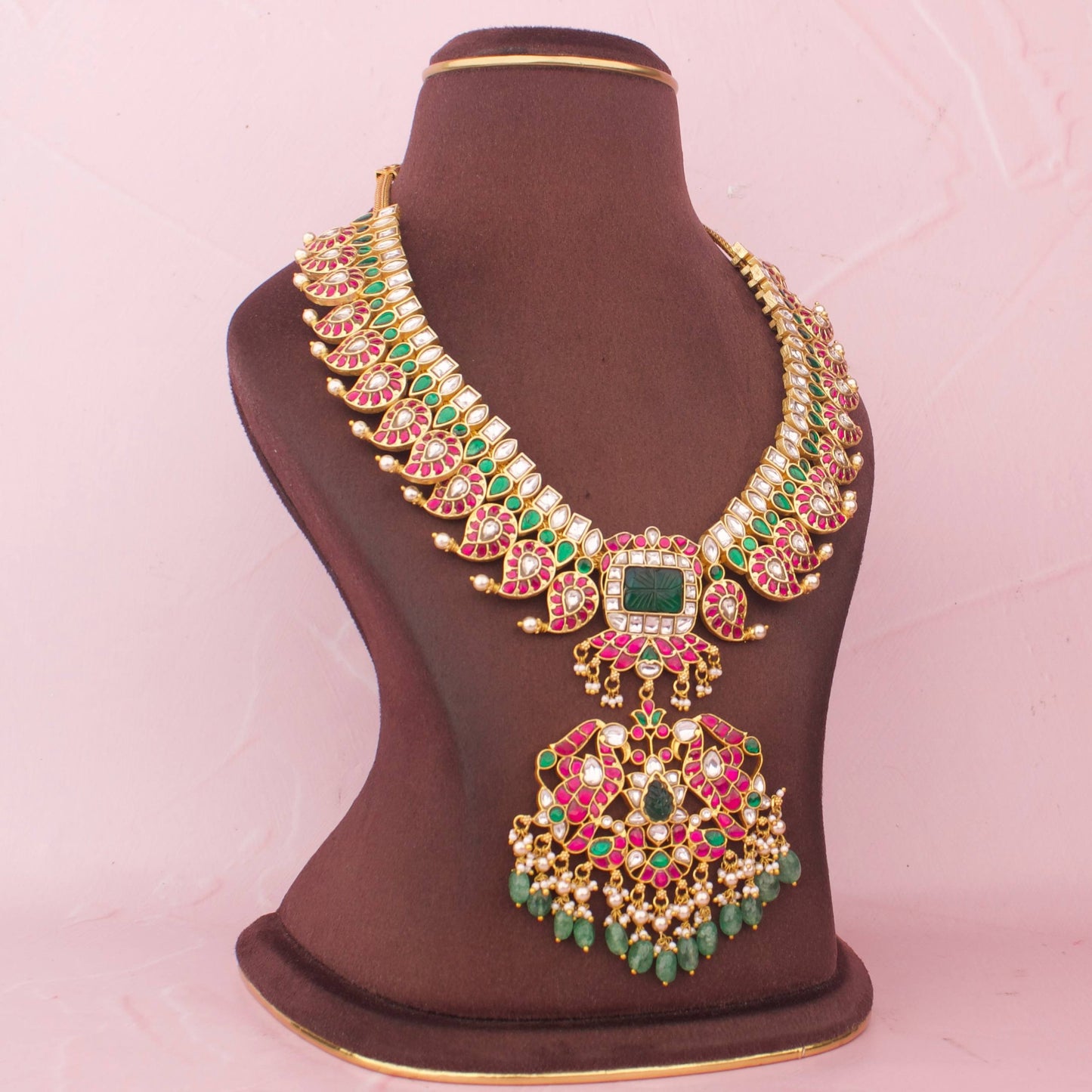 Opulent Mango Design Jadau Kundan Haram With Emerald Green Pendant