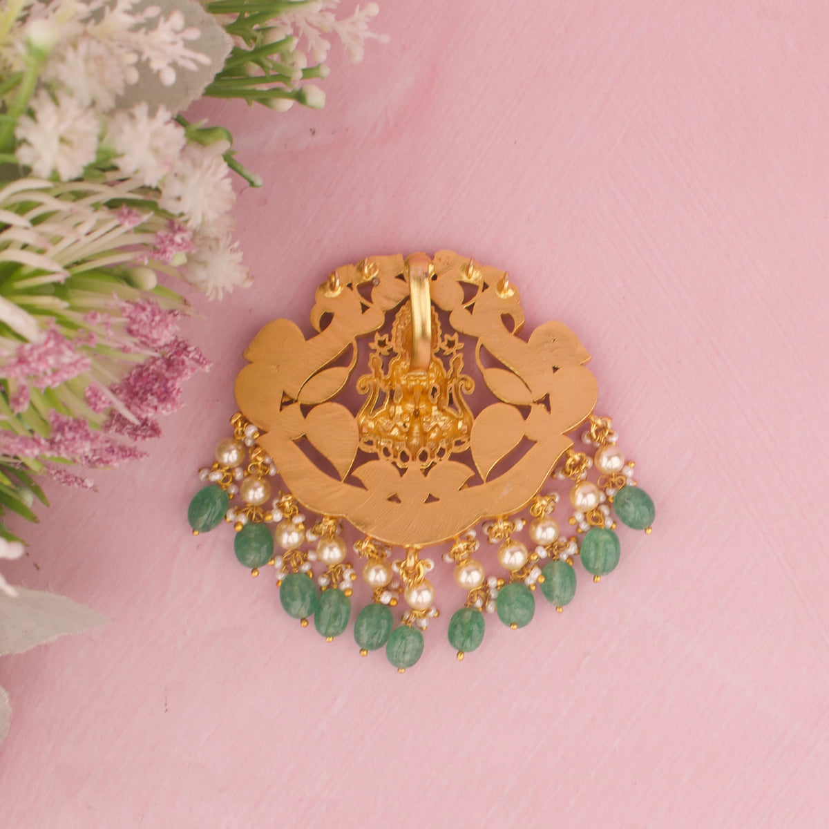Delicate Jadau Kundan Laxmi Devi Locket With Green Drops