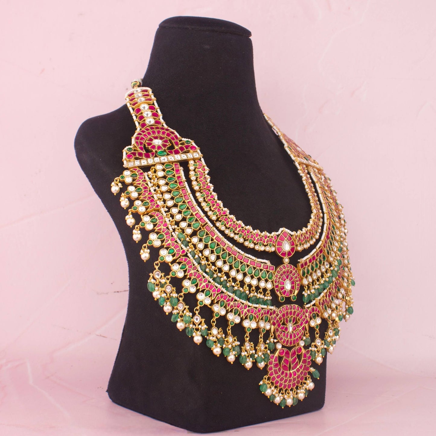 Opulent Indian Bridal Necklace With Layered Kundan Design And Emerald Beads