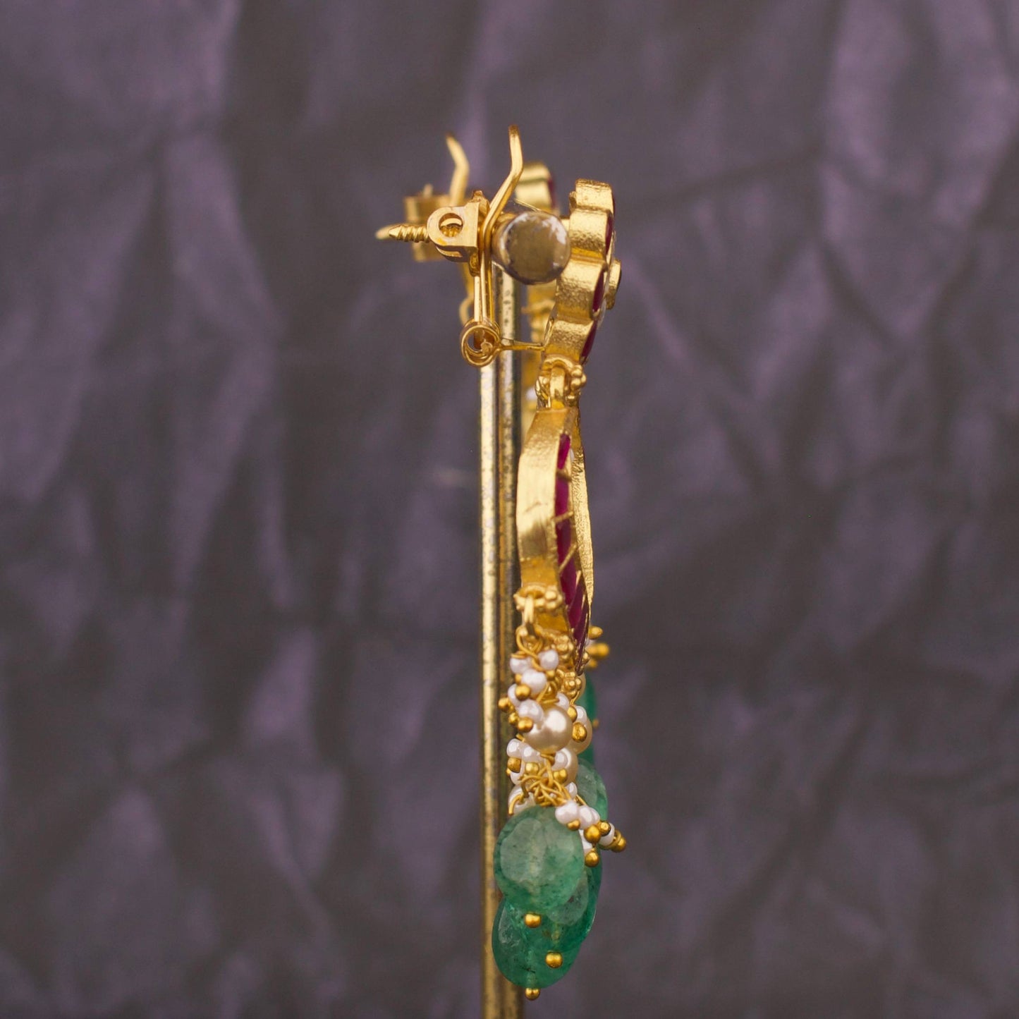 Elegant Jadau Kundan Chandbali Earrings With Emerald Beads