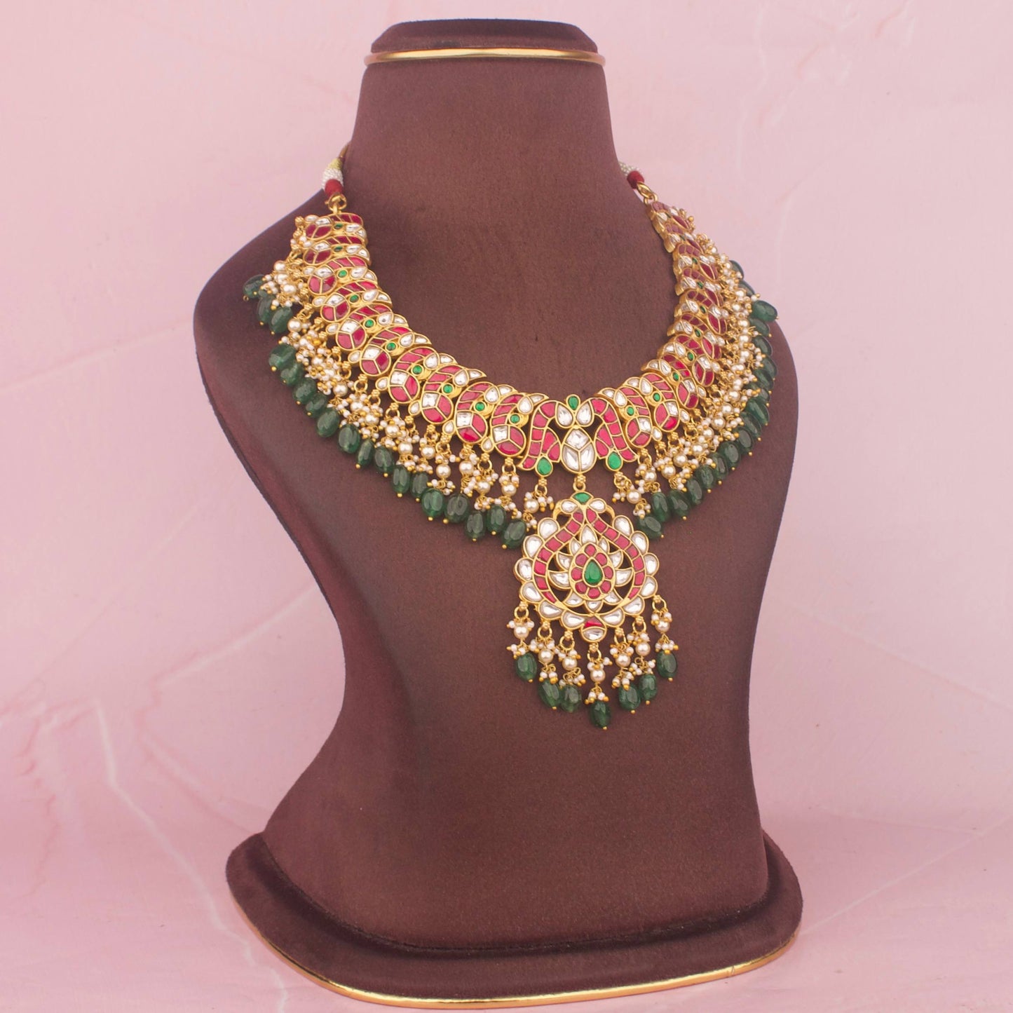 Imperial Jadau Kundan Necklace With Emerald Bead Drops
