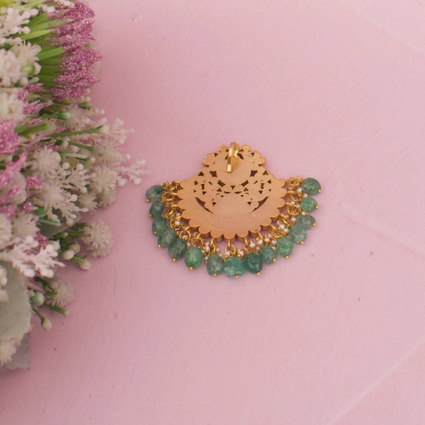 Grand Jadau Kundan Chand Shaped Pendant With Green Beads Hangings