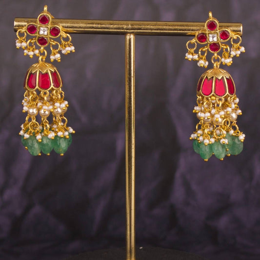 Floral Studded Jadau Kundan Double Hanging Jhumki Earrings
