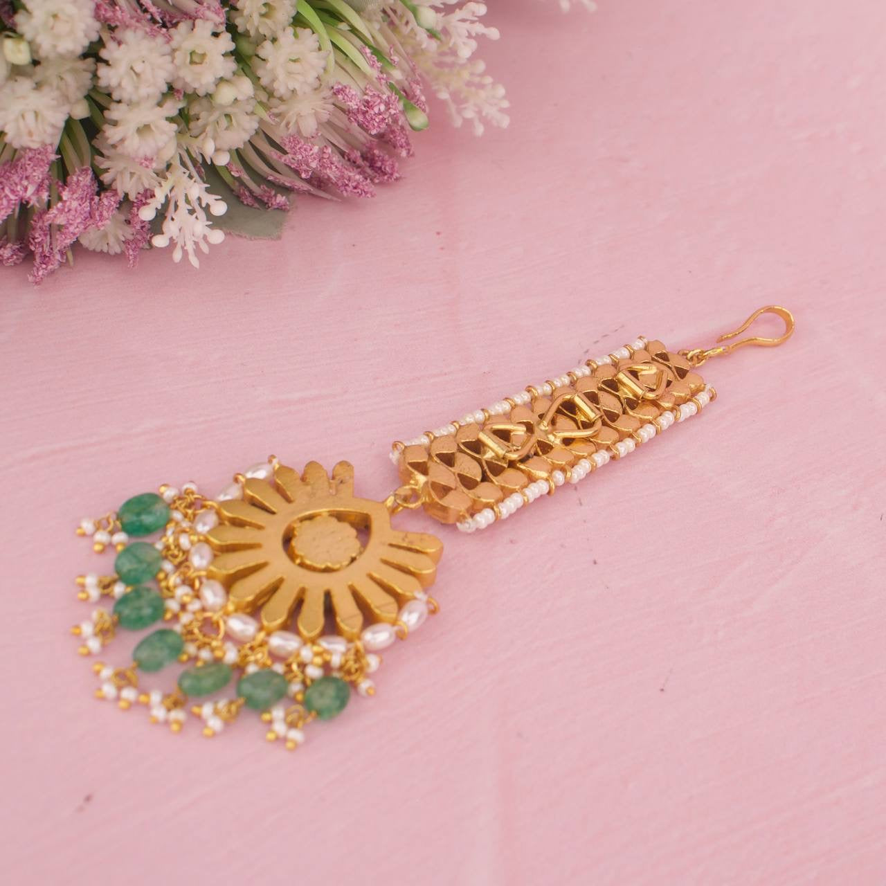 Premium gold Jadau Kundan Guttapusalu Hanging Maangtika set worn for traditional Indian bridal