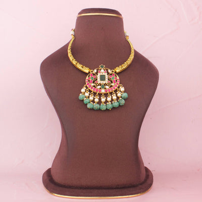 Stylish Jadau Kundan Kanti Necklace With Emerald Beads
