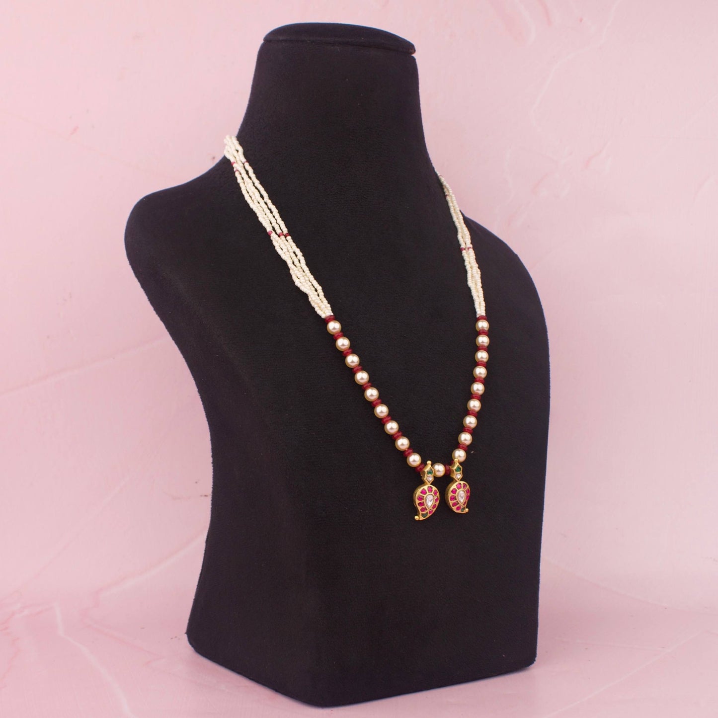 Classic Pearl Mala Jadau Kundan Necklace With Twin Paisley Pendant Design