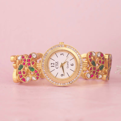 Designer Jadau Kundan Peacock Bracelet Watch
