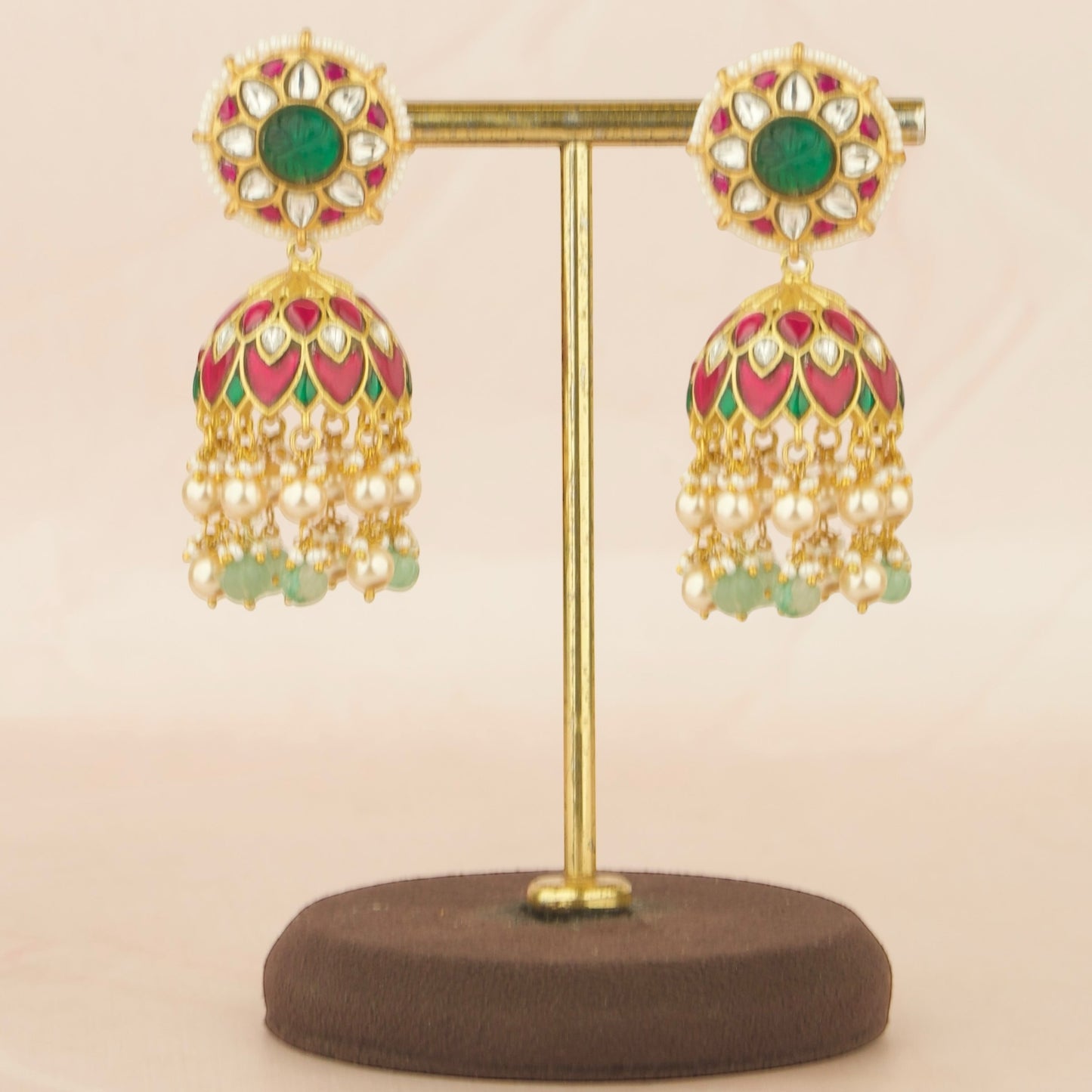Bridal Floral Design Jadau Kundan Jhumki with Pearl and Beads Hanging