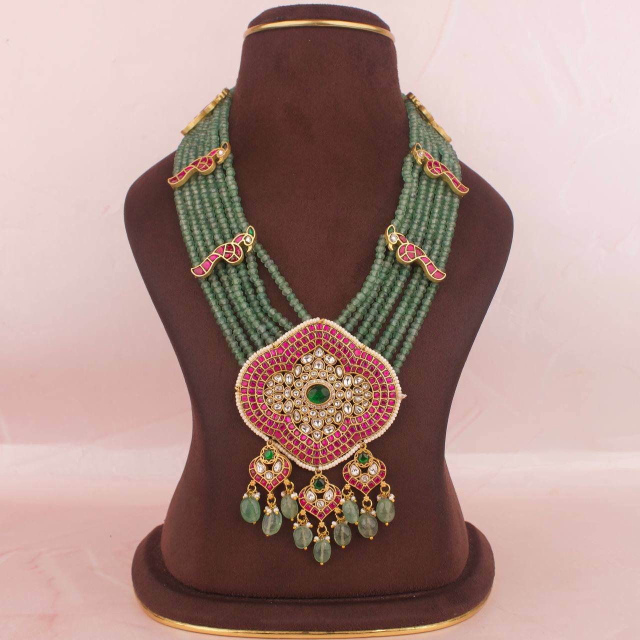 Bridal Jadau Kundan Beads Mala Haram With Kundna Droplets