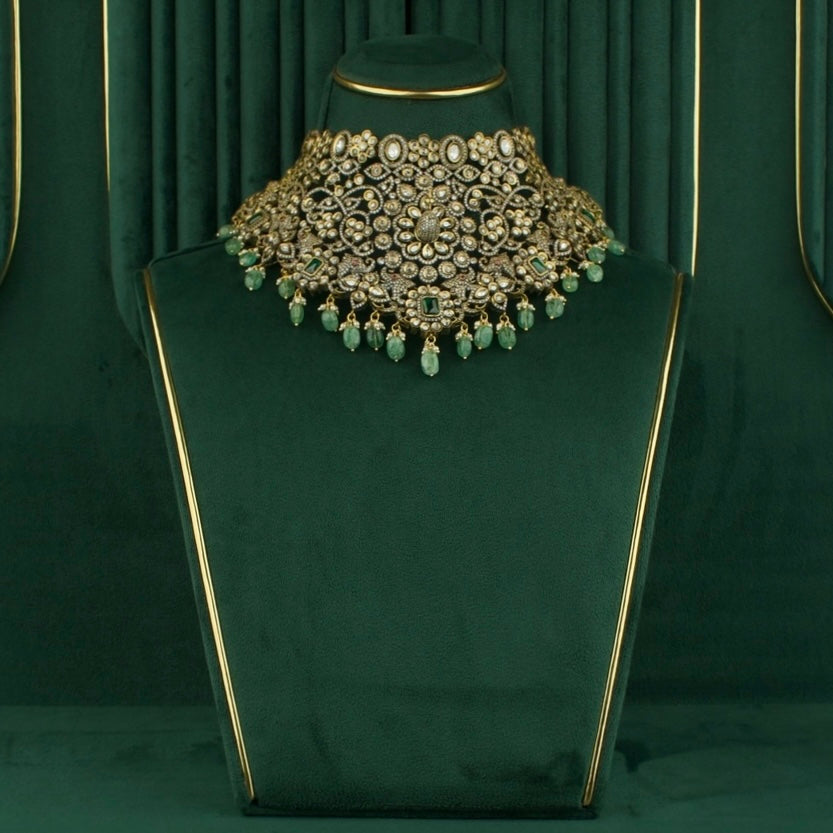 3D Popping Peacock Heavy Bridal Victorian AD Choker set - DULHAN JEWELS