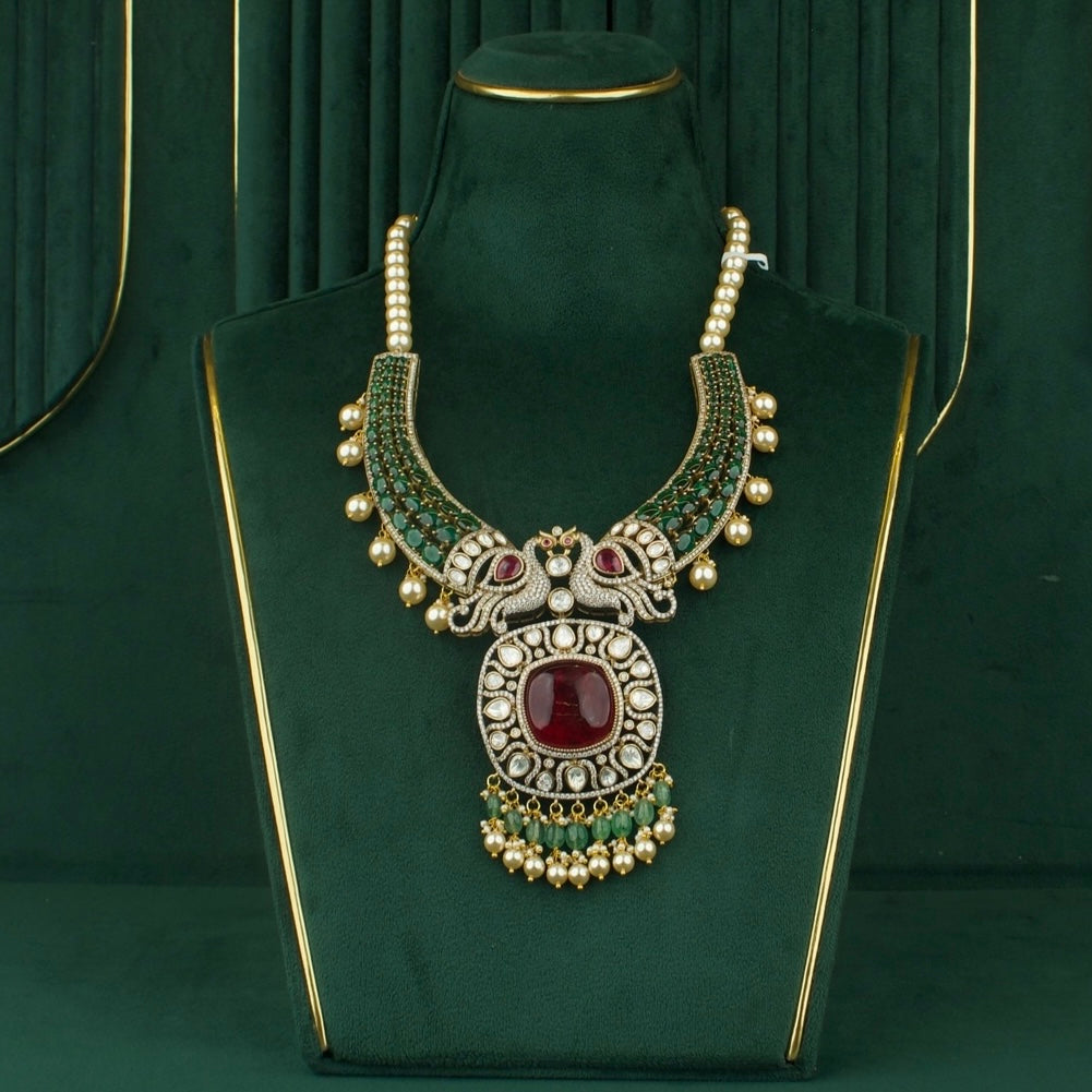 Grand Fusion Kundan & Polki Victorian Mehandi Necklace With Matching Earrings