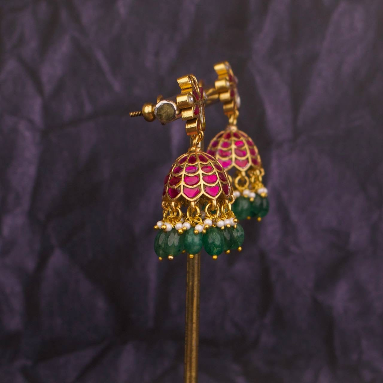 Exquisite Jadau Kundan Jhumki With Green Beads Hangings
