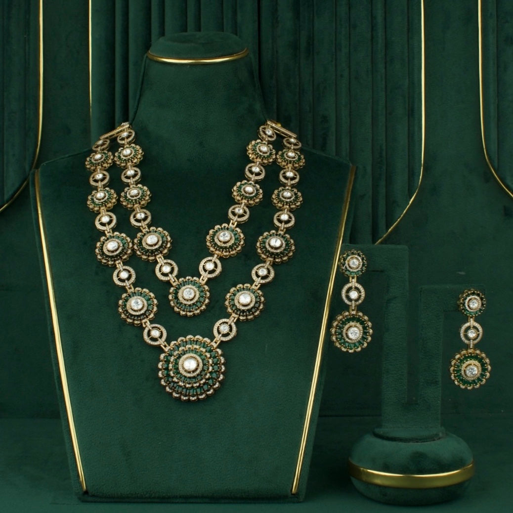 Grand floral Design Polki Victorian Layer Haram With Matching Hanging Earrings