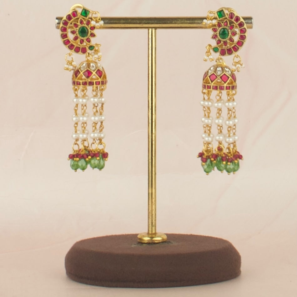 Chandbali Floral Design Jadau Kundan Jhumki White Beads Hanging