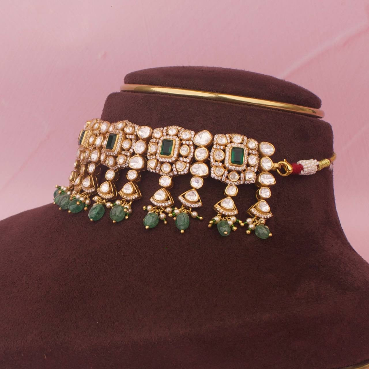 Sleek Moissanite Polki 925 Silver Choker In 22k Gold Plating