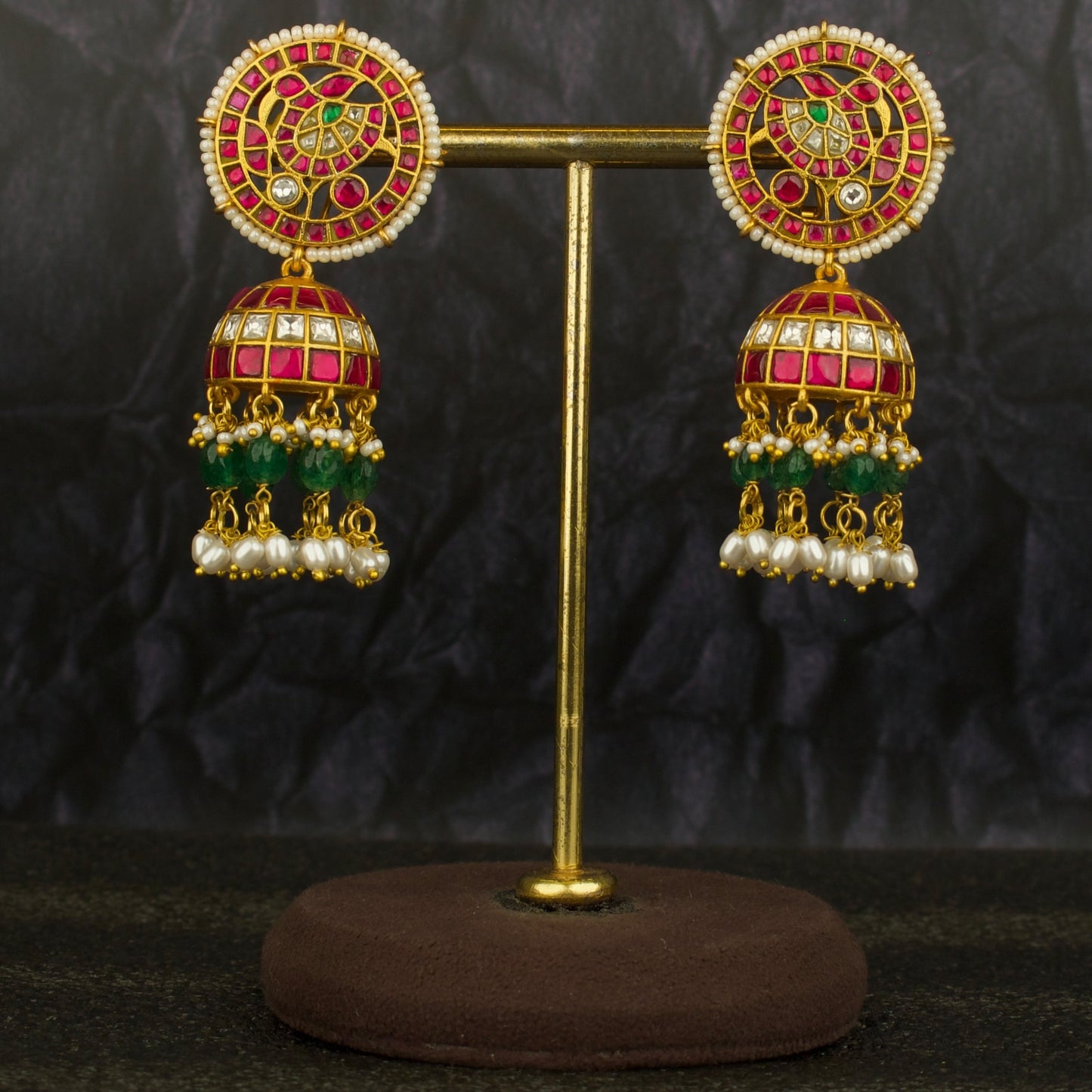 Bridal Peacock Studded Jadau Kundan Jhumki with Beads Hanging