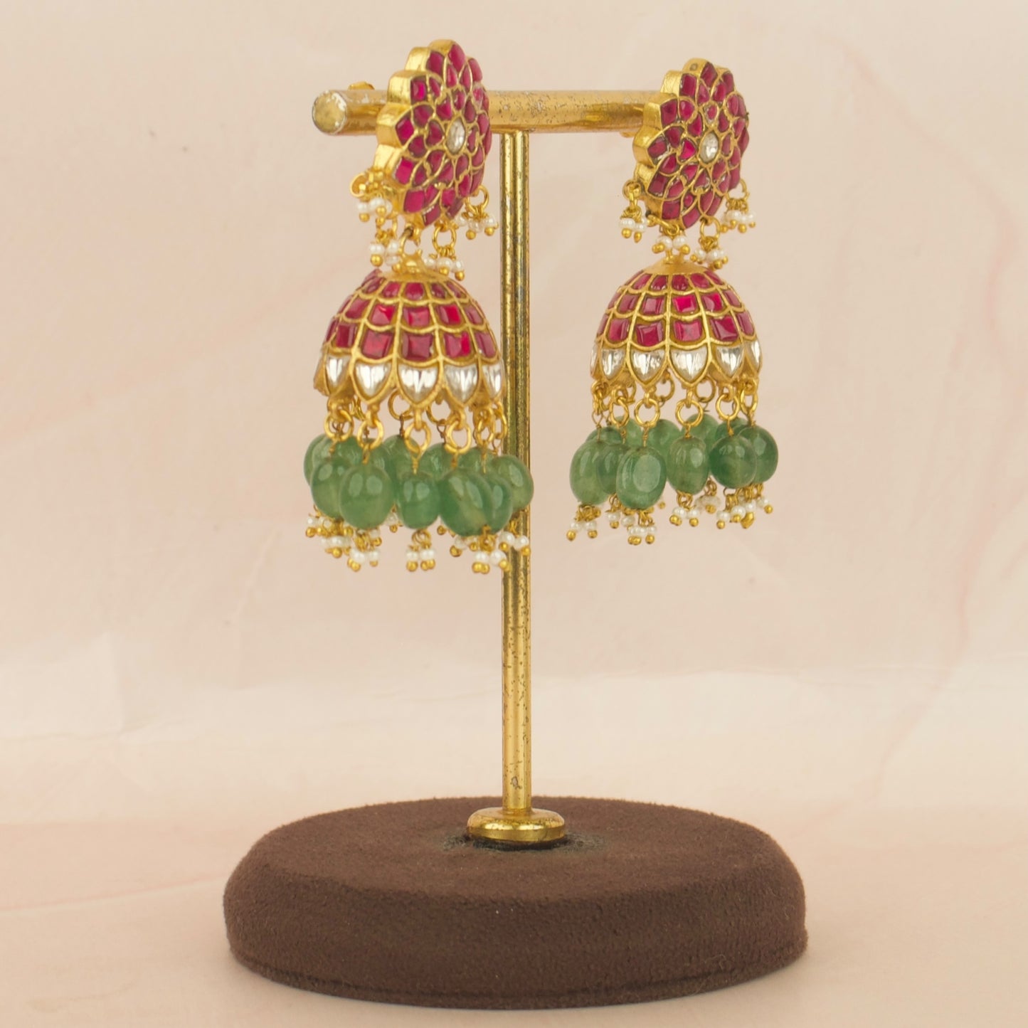 Flowers Design Jadau Kundan Jhumki With Green Beads Hanging