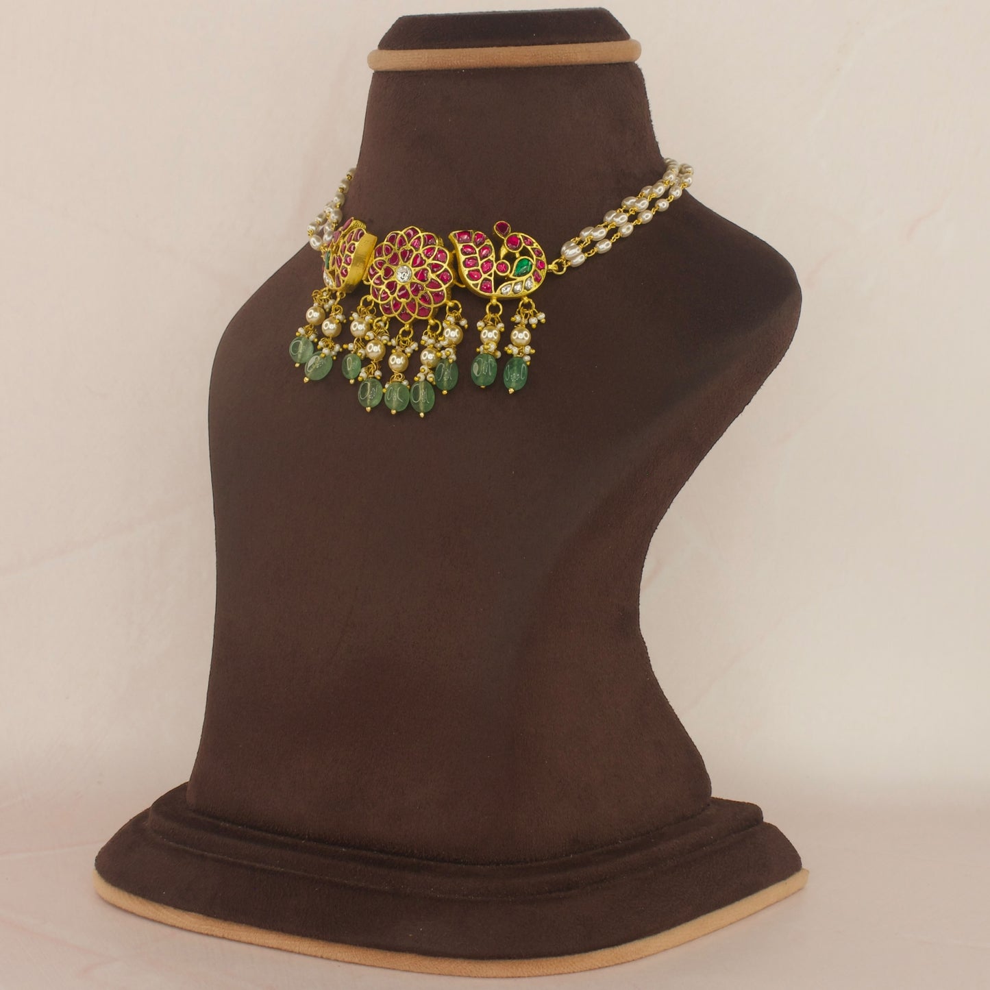 Gold Plated Kundan Choker with Rice Pearls and Peacock Moti