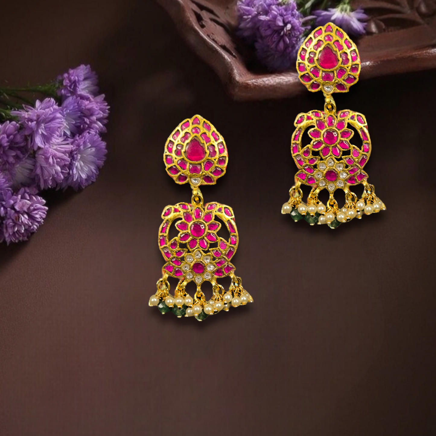 Ruby Radiance Jadau Kundan Chandbali Earrings - DULHAN JEWELS