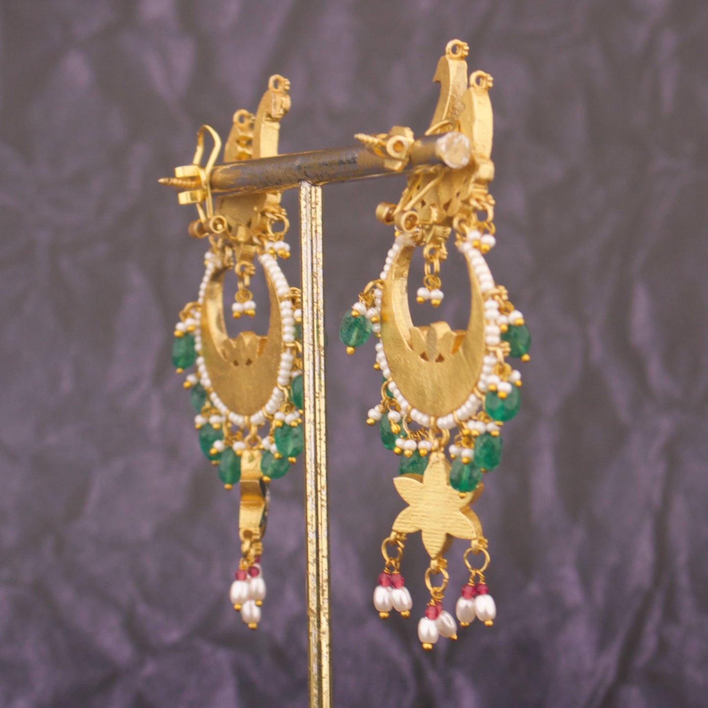 Stylish Jadau Kundan Chandbali Earrings With Green Drops