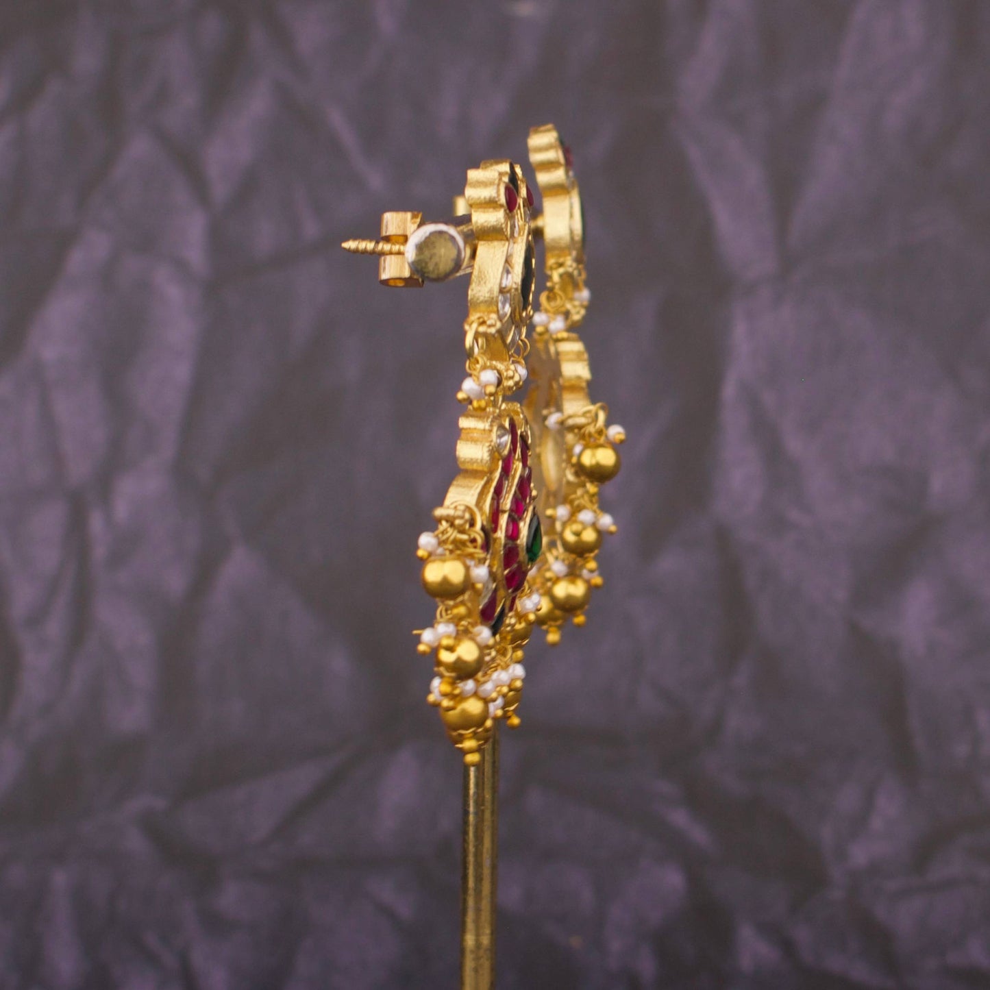 Designer Peacock Motif Jadau Kundan Chand Dangler Earrings With Ruby Accents