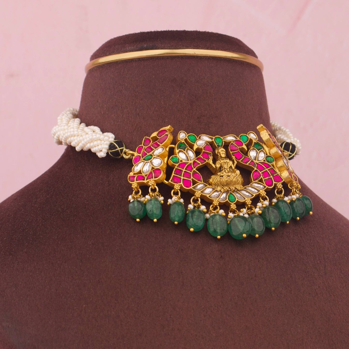 Temple Style Jadau Kundan Choker With Lakshmi Devi Motif And Green Beads