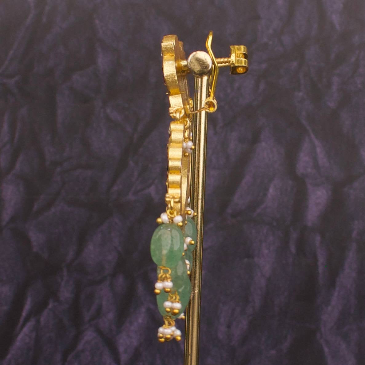 Floral Studded Jadau Kundan Chandbali Earrings With Beads Hangings